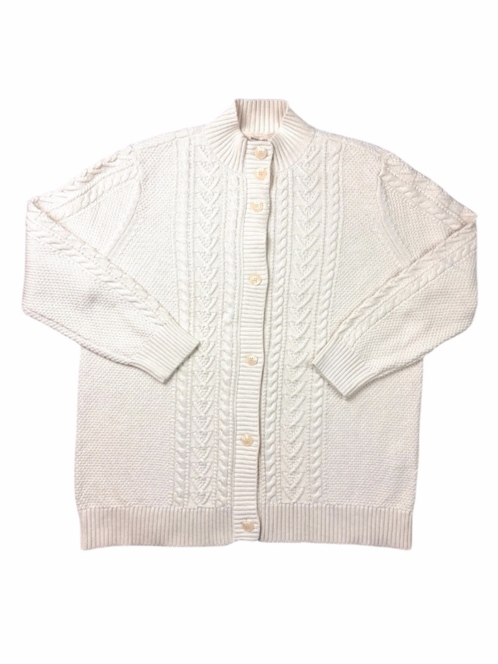 WoolOvers XL 100% Cotton Cable Knit Mock Neck Cardigan Ivory Cream Preppy